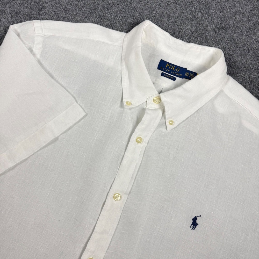 Polo Ralph Lauren Mens XXL White 100% Linen Short Sleeve Button Down Shirt Fit